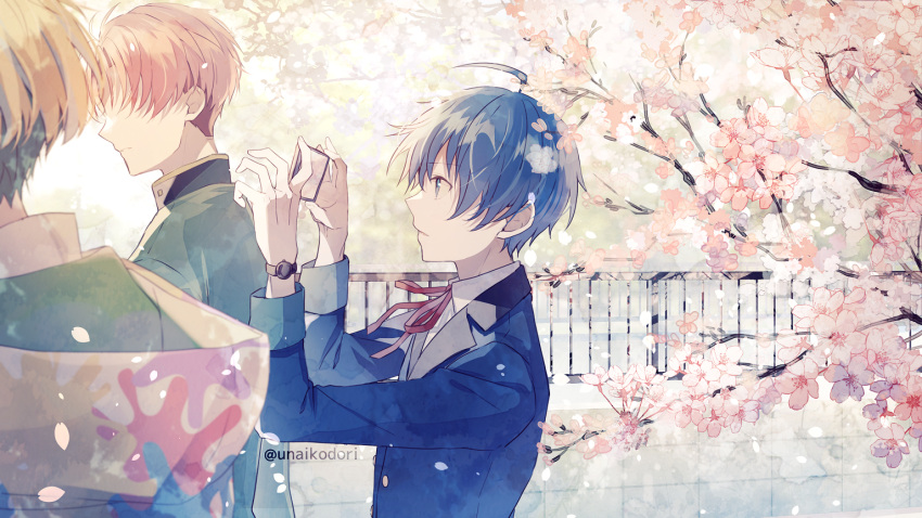 3boys, ahoge, amamine_shuu, blonde_hair, blue_hair, brown_hair, c.first_(idolmaster), cellphone
