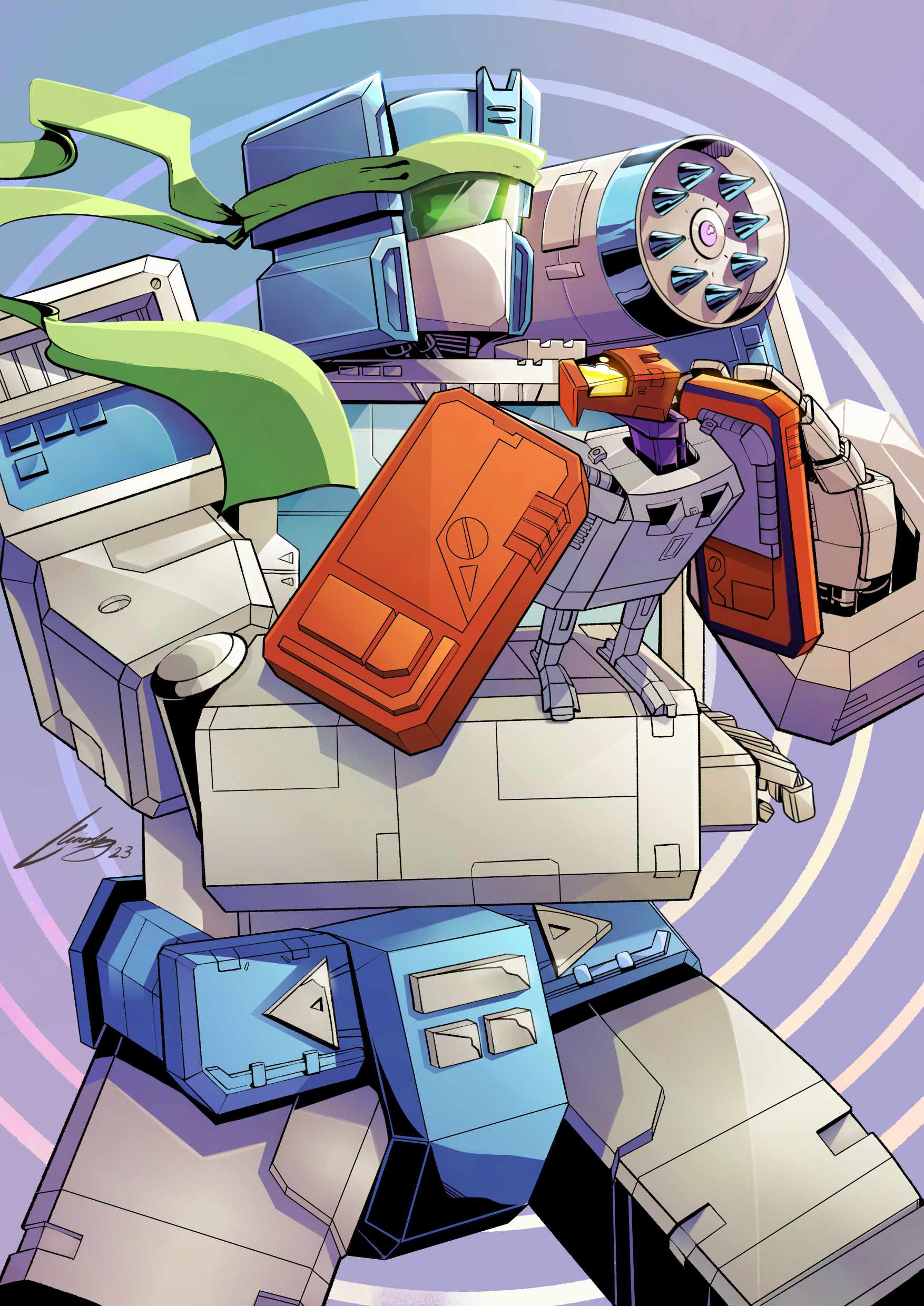2023, absurdres, artist_name, decepticon, english_commentary, highres, laserbeak, leigh_licorish, looking_up, mecha, no_humans, non-humanoid_robot, robot, robot_animal, science_fiction, shoulder_cannon, sir_soundwave, solo_focus, soundwave_(transformers), transformers, transformers_shattered_glass
