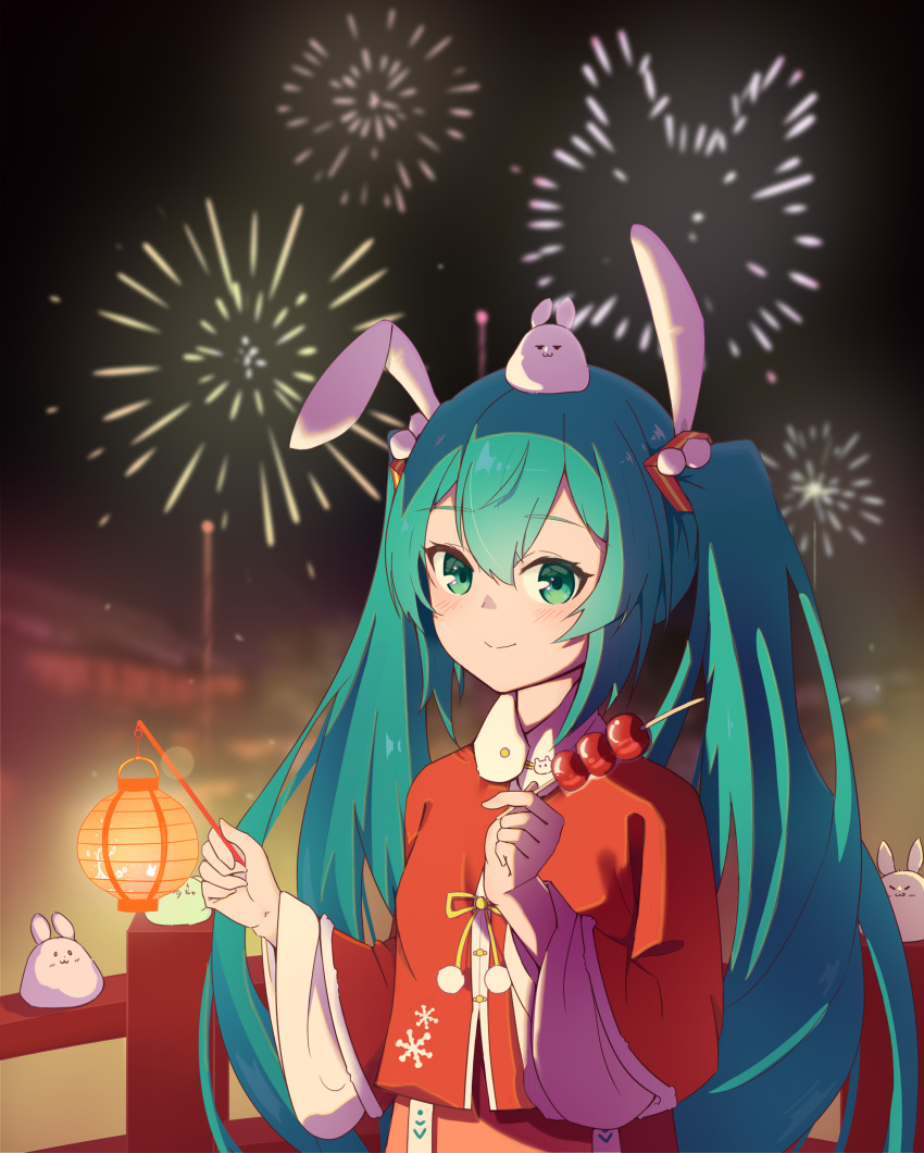 1girl, absurdres, animal_ears, aqua_eyes, aqua_hair, bangs, blurry, blurry_background, blush, breasts, chinese_clothes, chinese_new_year, collared_shirt, dango, fence, fireworks, food, hair_between_eyes, hair_ornament, happy_new_year, hatsune_miku, highres, holding, lantern, light_blush, long_hair, long_sleeves, looking_at_viewer, newminds, night, paper_lantern, pom_pom_(clothes), rabbit, rabbit_ears, red_shirt, shirt, sidelocks, small_breasts, smile, solo, tangzhuang, twintails, vocaloid, wagashi, wide_sleeves