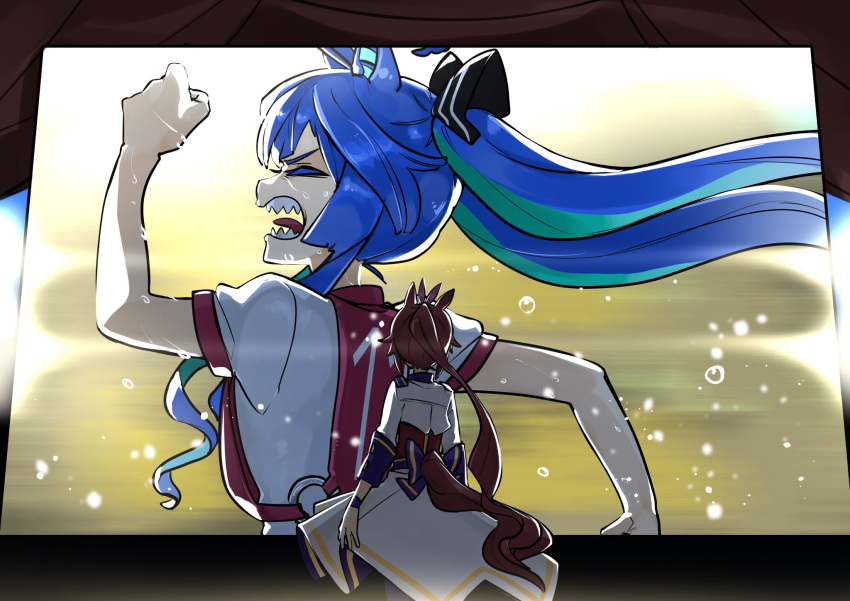 2girls, animal_ears, bangs, blue_hair, brown_hair, closed_eyes, cropped_jacket, highres