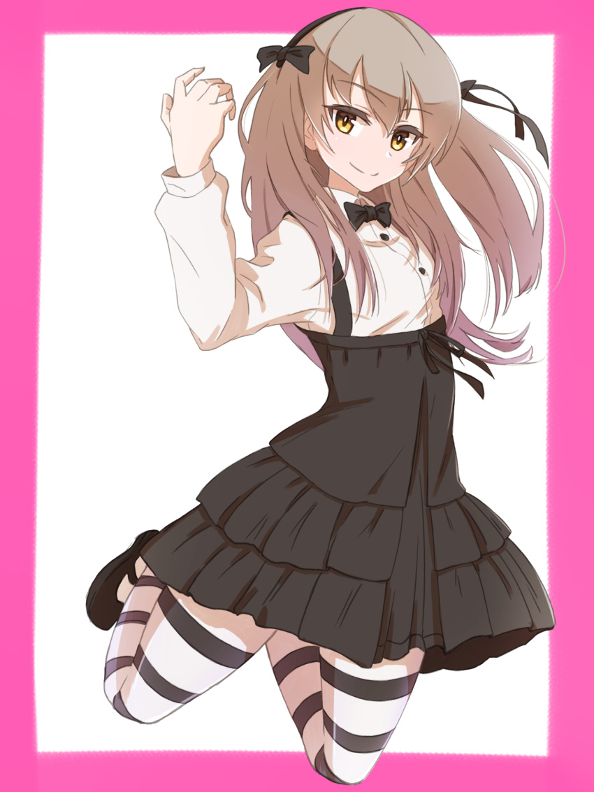 1girl, bangs, black_bow, black_bowtie, black_footwear, black_pantyhose, black_ribbon, black_skirt