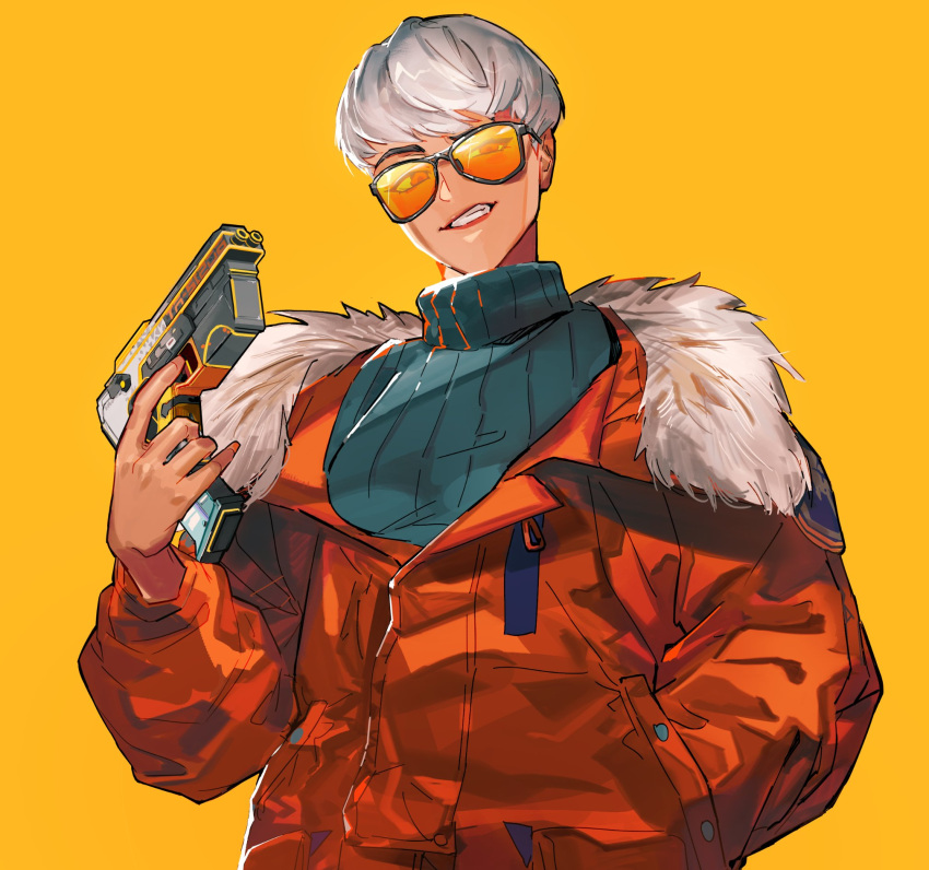 1girl, alternate_costume, alternator, animification, apex_legends, black_sweater, breasts, fur-trimmed_jacket