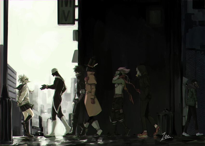 1girl, 6+boys, alley, ankle_boots, arm_at_side, arms_behind_back, atmospheric_perspective, baggy_pants