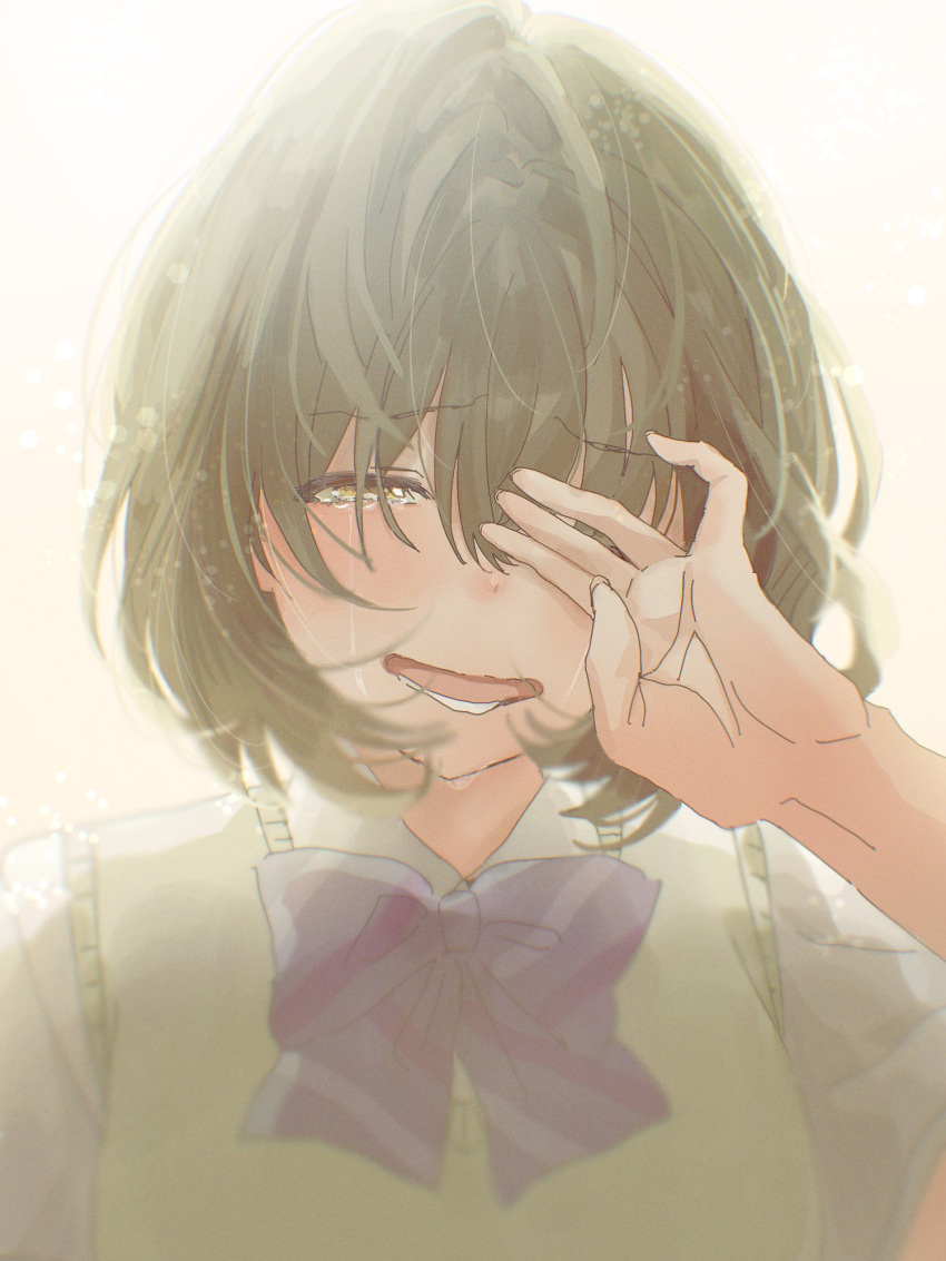 1girl, bangs, blush, bow, bowtie, commentary_request, crying, crying_with_eyes_open