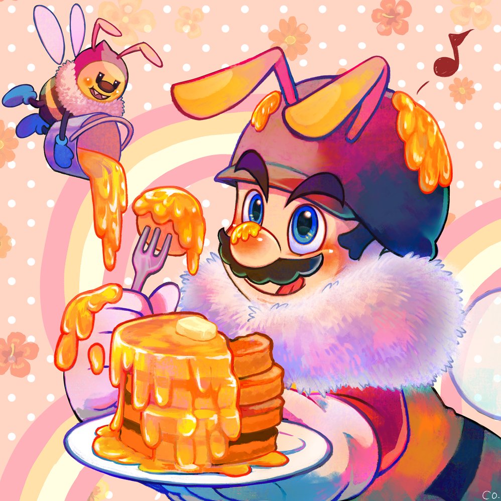 1boy, bee, bee_mario, blue_eyes, bug, co_co_mg, facial_hair, food