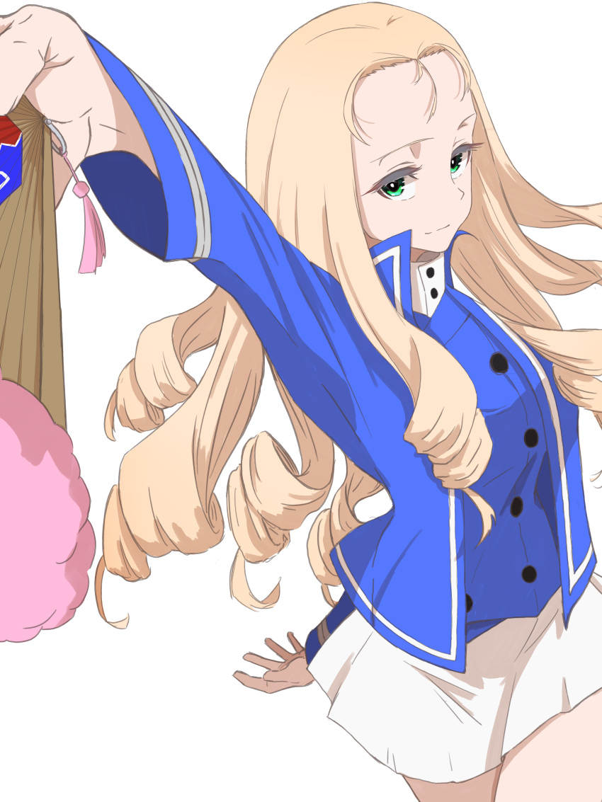 1girl, absurdres, arm_behind_back, arm_up, bc_freedom_(emblem), bc_freedom_military_uniform, blonde_hair, blue_jacket