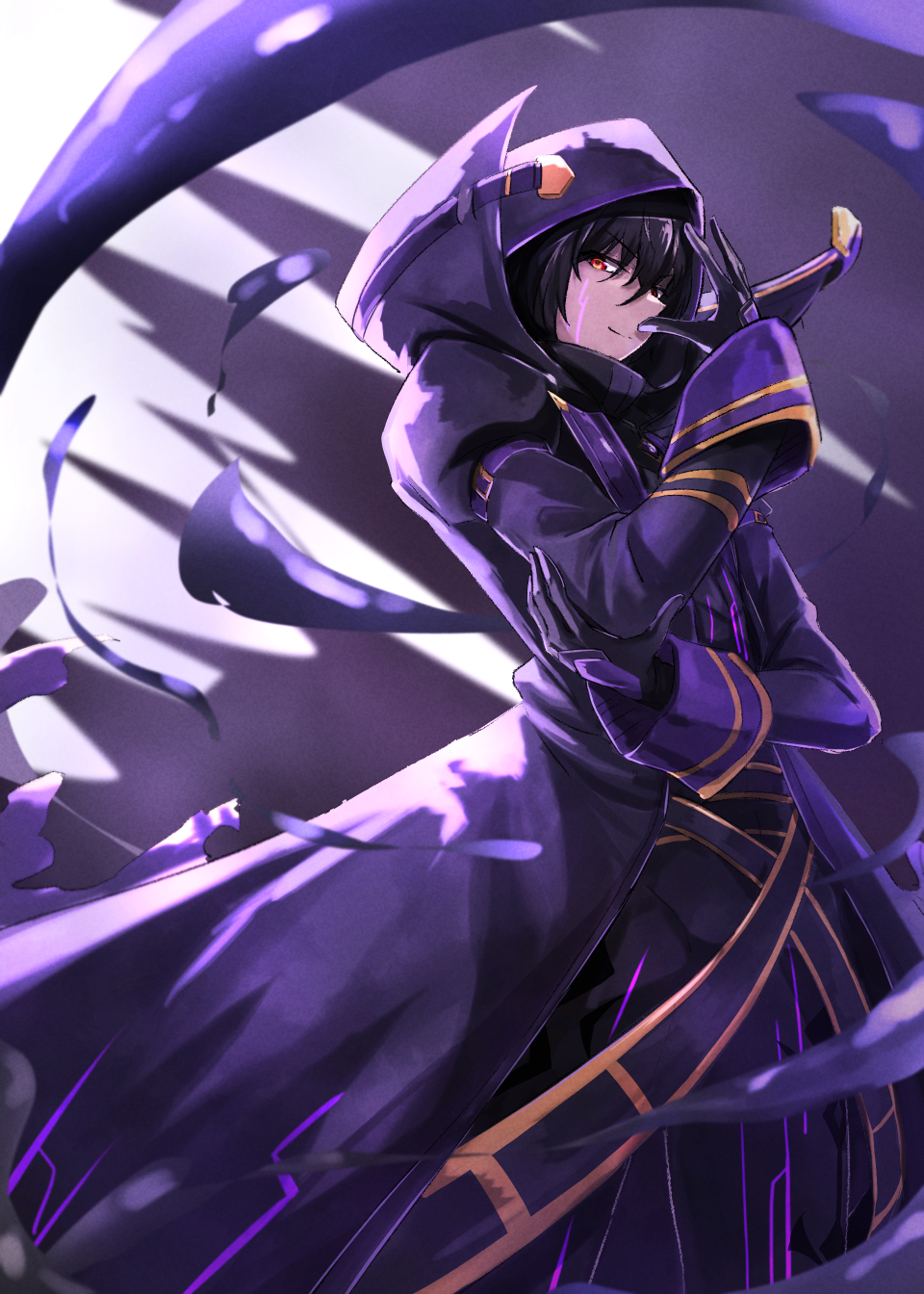 1boy, belt, black_hair, cloak, glowing_veins, gold_trim, highres, hood