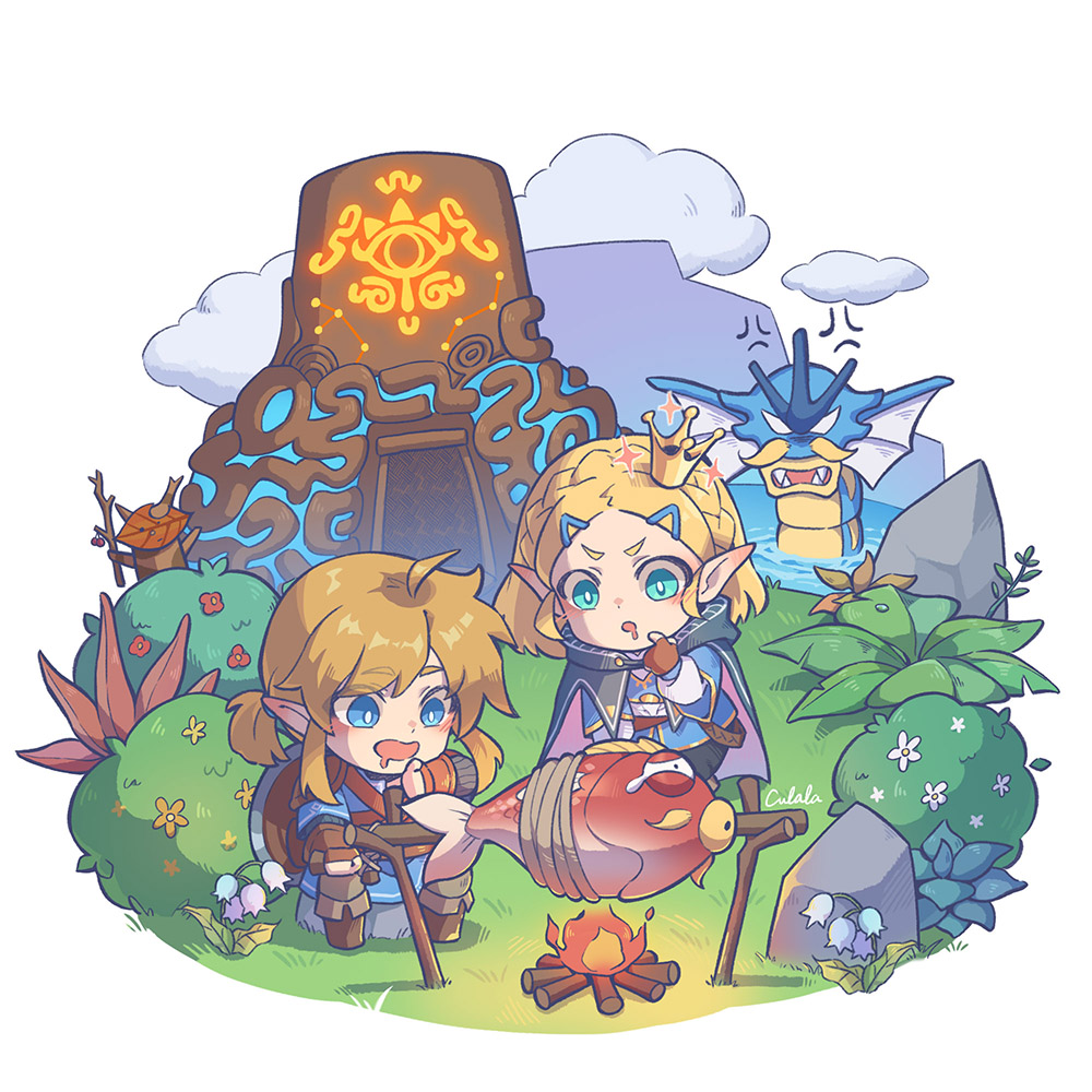 1boy, 1girl, :d, ahoge, anger_vein, angry, artist_name, bangs, blonde_hair, blue_cloak, blue_eyes, blue_flower, blue_nightshade, blue_shirt, blue_tunic, blush, boots, braid, brown_footwear, brown_gloves, bush, campfire, cloak, clouds, commentary_request, cooking, crown, crown_braid, crying, drooling, fingerless_gloves, fire, fish, flower, gloves, grass, green_pants, gyarados, hair_ornament, hairclip, hood, hood_down, hooded_cloak, in_water, korok, link, low_ponytail, magikarp, medium_hair, mouth_drool, open_mouth, pants, parted_lips, plant, pointy_ears, pokemon, pokemon_(creature), ponytail, princess_zelda, red_flower, rock, rotisserie, shield, shield_on_back, shirt, short_ponytail, sidelocks, signature, simple_background, sitting, smile, sparkle, swept_bangs, tears, temple, the_legend_of_zelda, the_legend_of_zelda:_breath_of_the_wild, tunic, v-shaped_eyebrows, water, white_background, zoe_(killyou80)