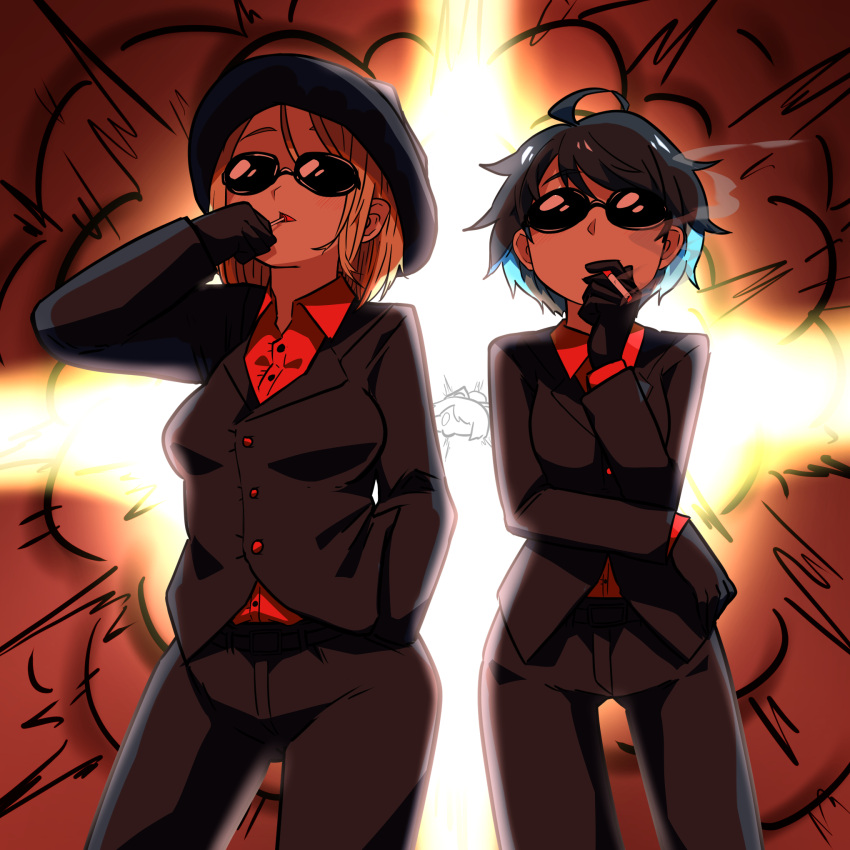 2girls, bangs, black_gloves, black_hair, black_headwear, black_jacket, black_pants, black_survival