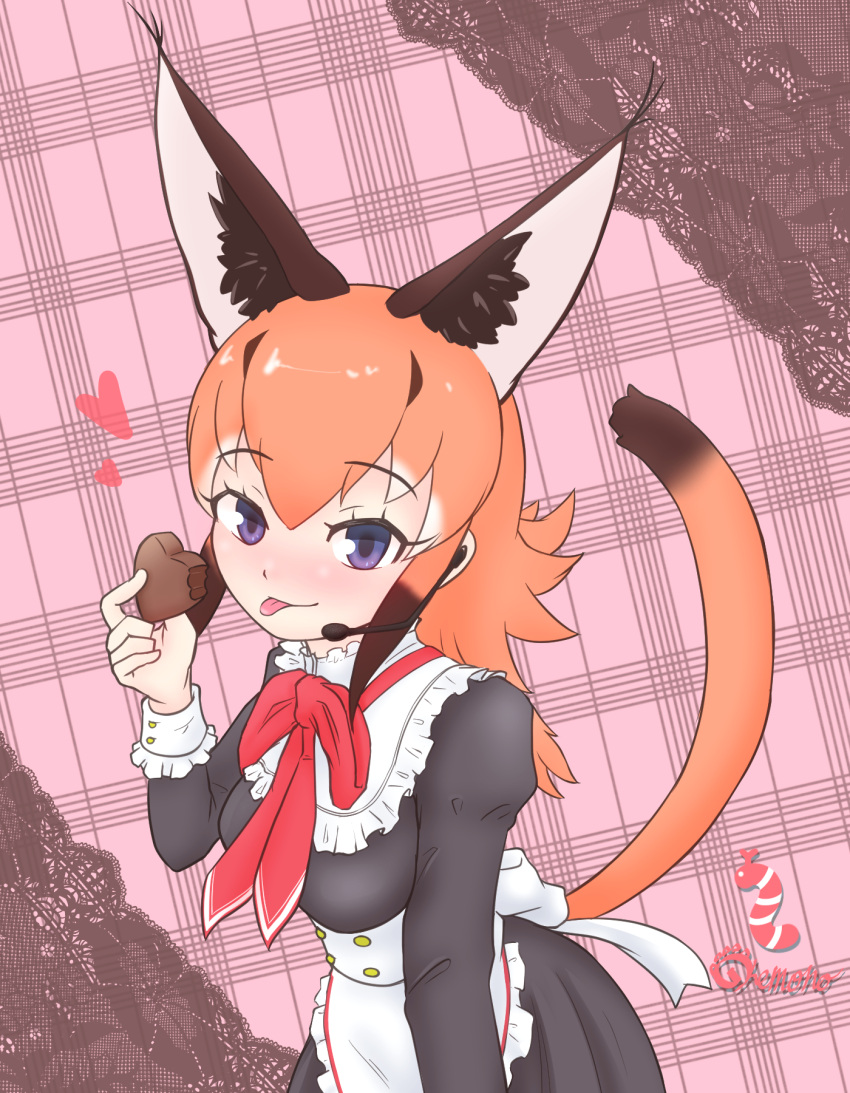 1girl, animal_ears, apron, blue_eyes, caracal_(kemono_friends), caracal_ears, chocolate, extra_ears