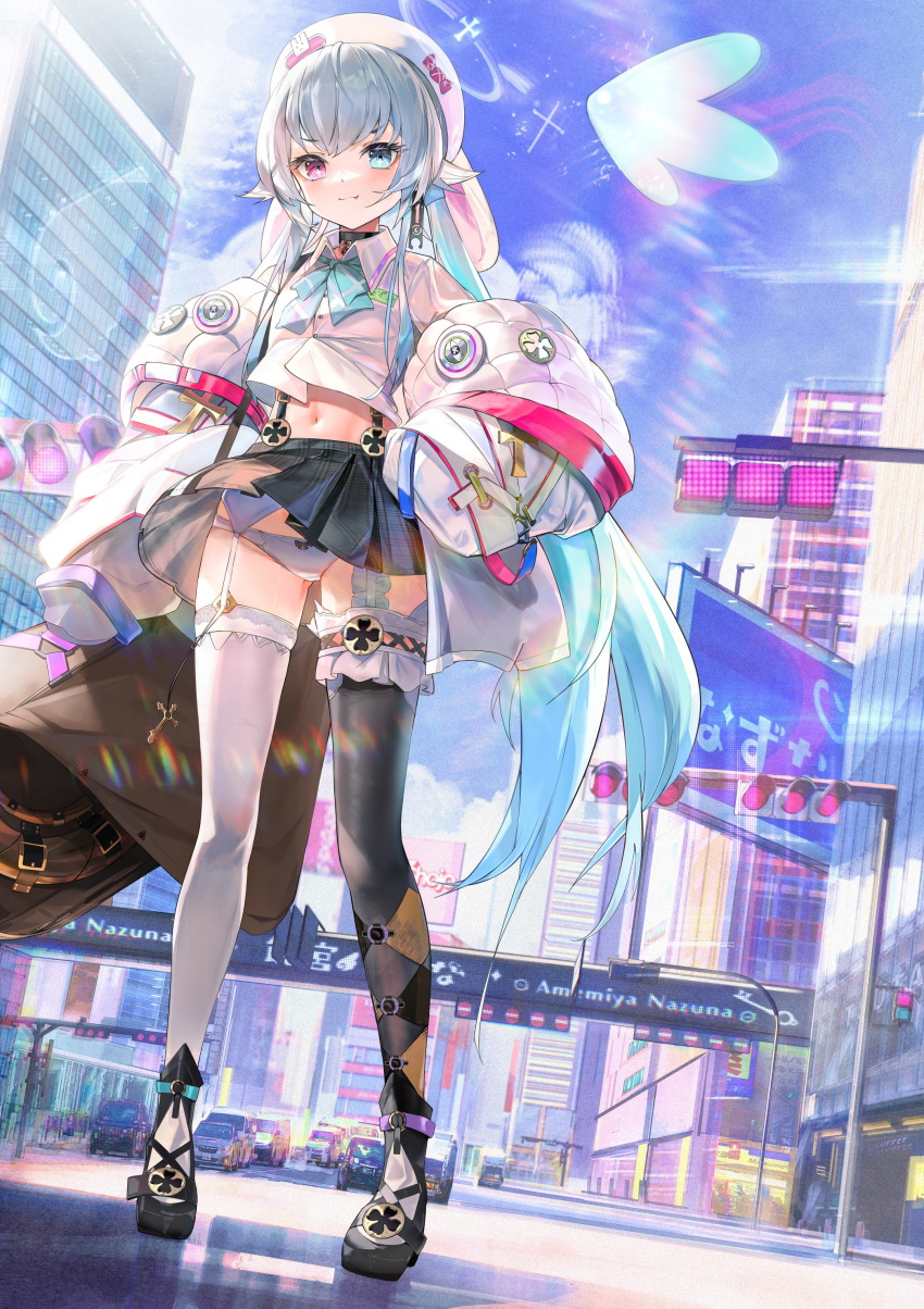 1girl, absurdres, amemiya_nazuna, beret, cityscape, commentary, full_body, hat
