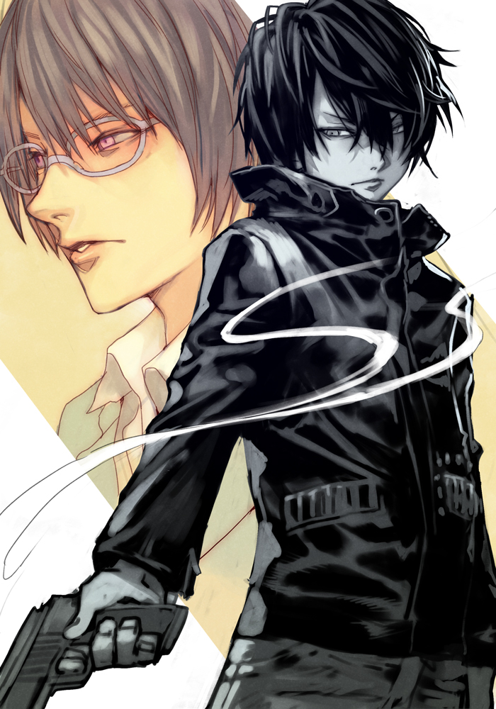 2boys, black_coat, black_hair, character_request, check_copyright, coat, copyright_request, cowboy_shot