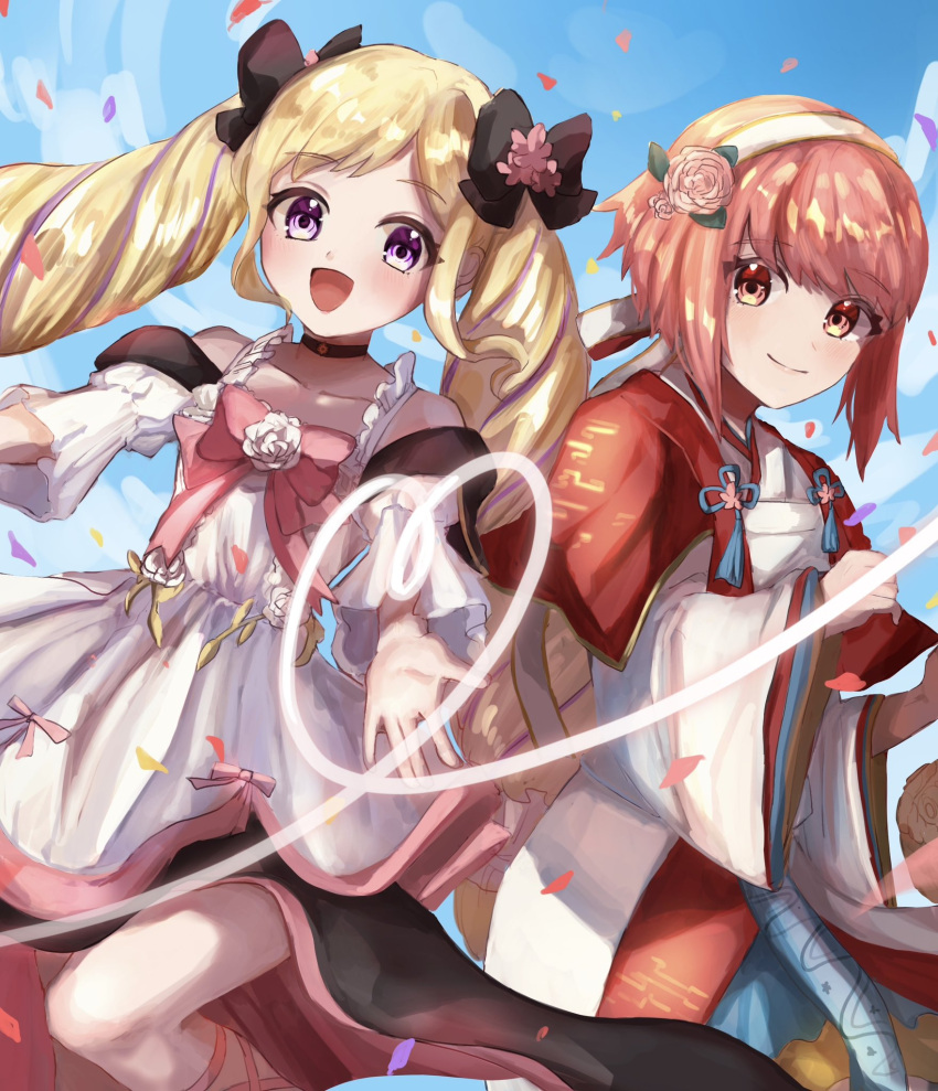 2girls, :d, bangs, bare_shoulders, black_bow, blonde_hair, blue_sky, bow