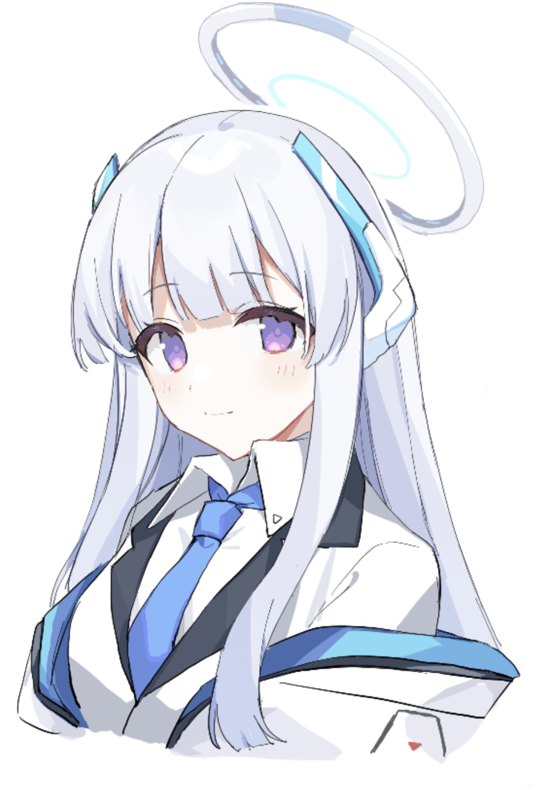 1girl, ao_(mintz), blue_archive, blue_necktie, closed_mouth, collared_shirt, cropped_torso, formal, halo, headphones, highres, light_blush, long_hair, looking_at_viewer, necktie, noa_(blue_archive), off_shoulder, shirt, simple_background, smile, solo, suit, upper_body, violet_eyes, white_background, white_hair, white_shirt, white_suit
