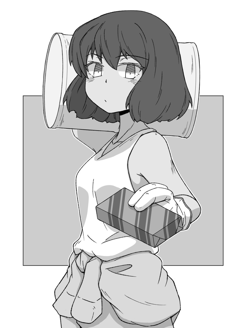 1girl, absurdres, bangs, bob_cut, box, carrying, closed_mouth, clothes_around_waist