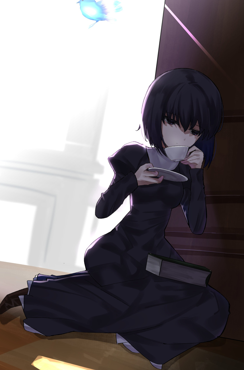 1girl, absurdres, bangs, black_dress, black_eyes, black_hair, book_on_lap, breasts