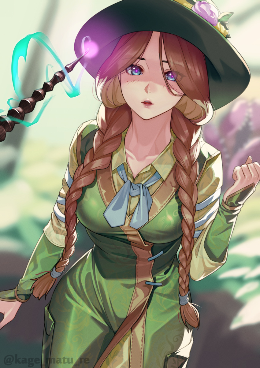 1girl, absurdres, blue_eyes, blurry, blurry_background, braid, breasts, commentary_request