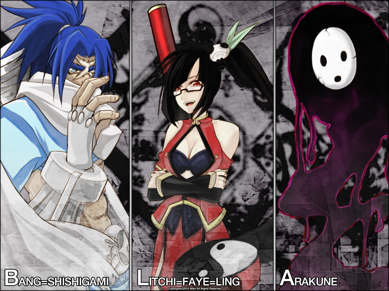 arakune, bang_shishigami, bare_shoulders, black_bra, black_hair, blazblue, blue_eyes, blue_hair