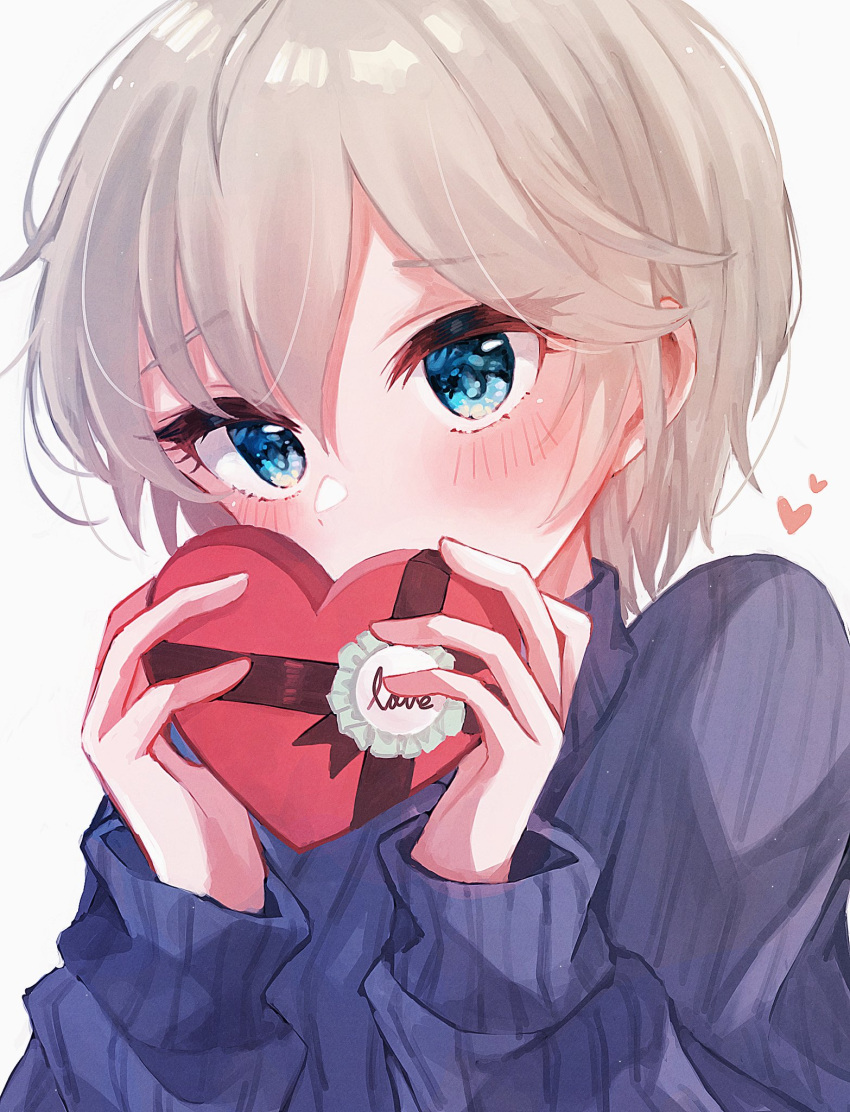 1girl, anastasia_(idolmaster), bangs, blue_sweater, blush, box, covering_mouth, gift