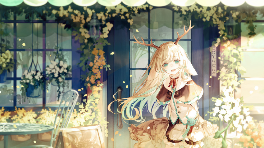 1girl, 774_inc., :d, animal_ears, animare, antlers, arms_behind_back, bangs