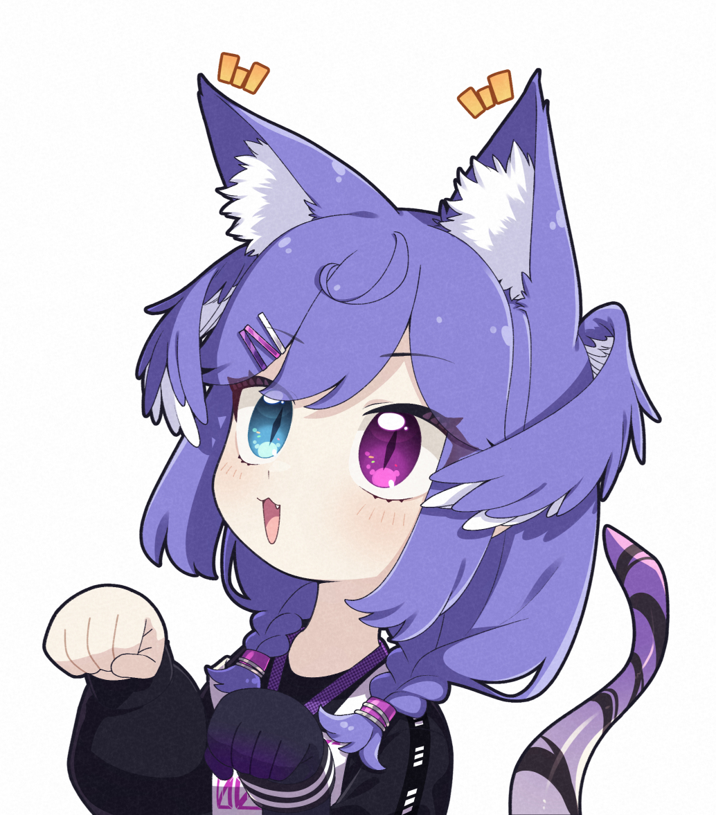 1girl, ahoge, animal_ear_fluff, animal_ears, asymmetrical_arms, black_sweater, blue_eyes, braid
