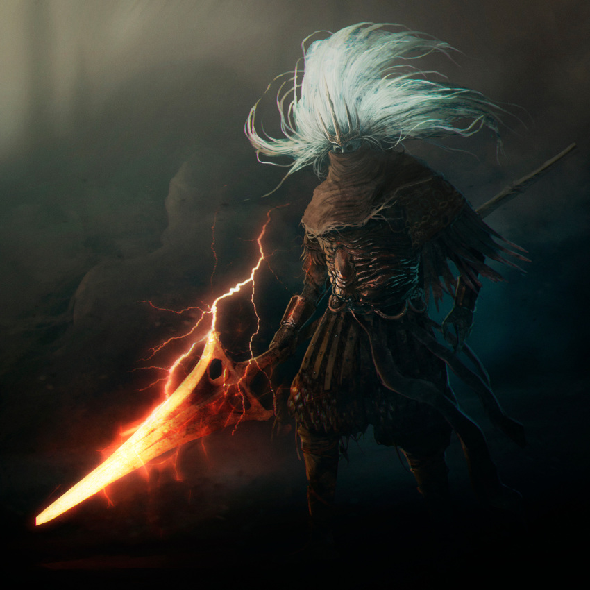 1boy, absurdres, armor, brown_cloak, cloak, covered_face, covered_mouth, crown, elden_ring, glowing, glowing_weapon, highres, holding, holding_polearm, holding_weapon, hollow_eyes, lightning, long_hair, martinleborgne, nameless_king, polearm, red_lightning, solo, spear, weapon, white_hair