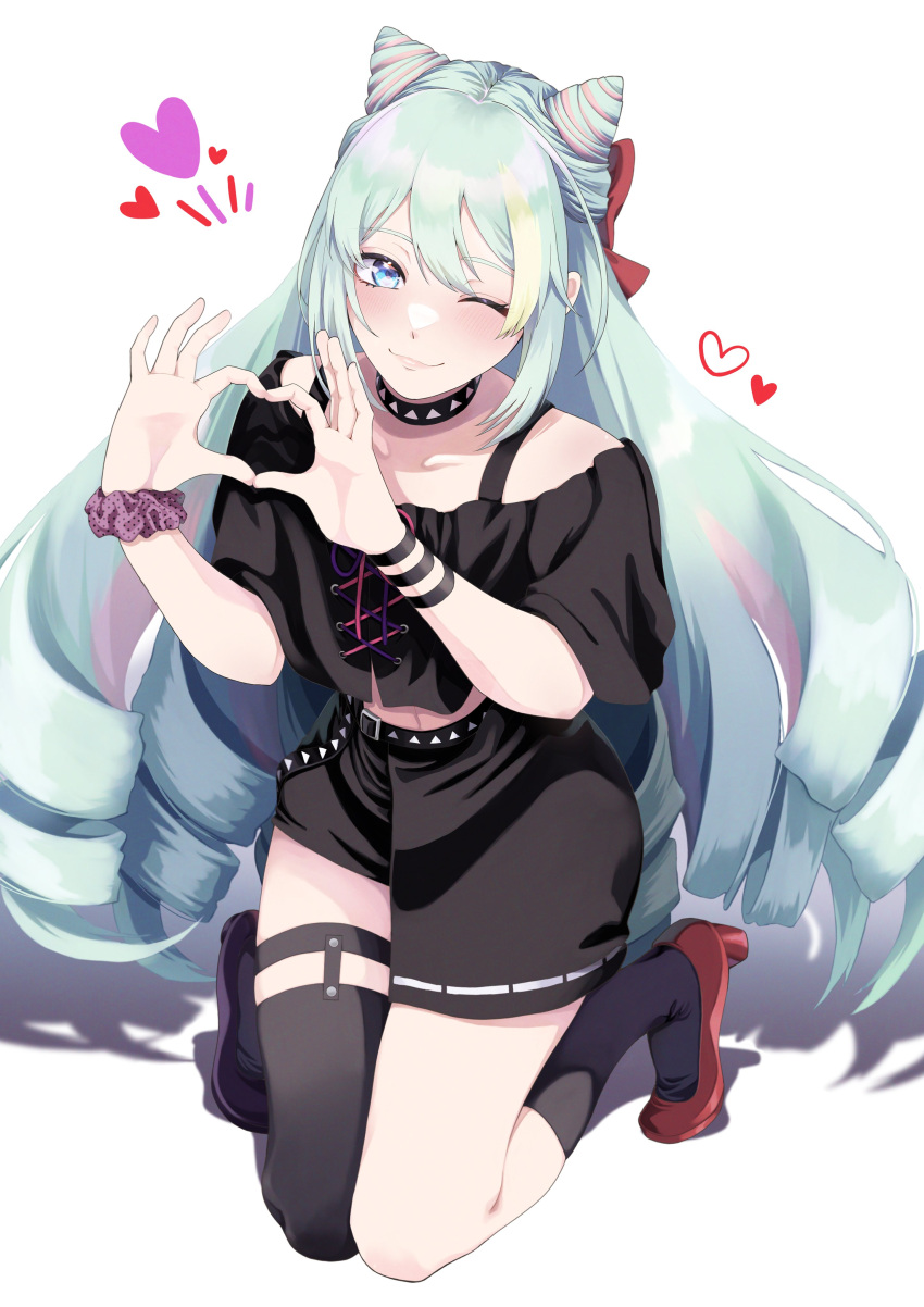 1boy, absurdres, black_shirt, blue_eyes, commission, cone_hair_bun, crop_top, drill_hair, fire_emblem, fire_emblem_engage, fuku_dan, hair_between_eyes, hair_bun, heart, heart_hands, high_heels, highres, male_focus, midriff, multicolored_hair, otoko_no_ko, rosado_(fire_emblem), shirt, skeb_commission