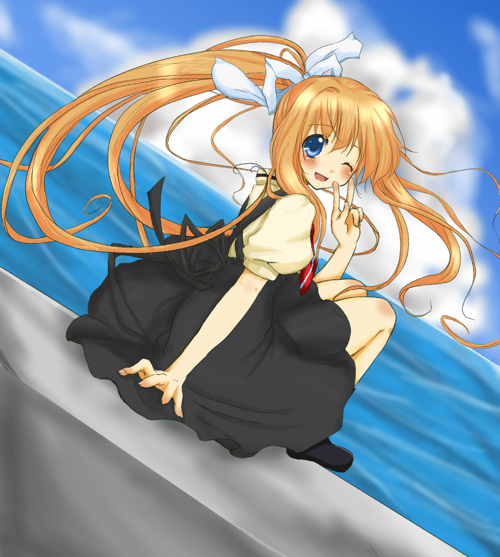 colored, dutch_angle, hair_ribbon, kamio_misuzu, koyume, long_hair, looking_back, ponytail, ribbon, school_uniform, v, wink