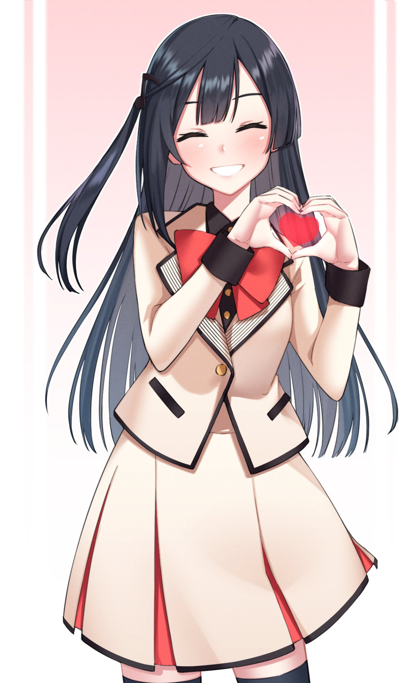 1girl, absurdres, bangs, black_hair, closed_eyes, commentary, future_parade_(love_live!), grin