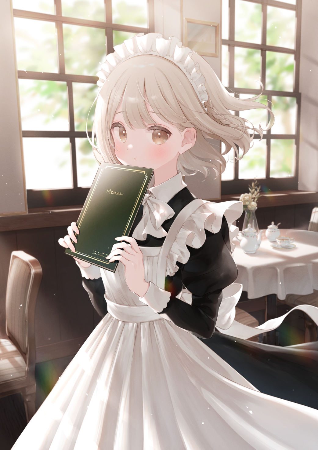 1girl, apron, bangs, black_dress, bow, braid, brown_eyes, chair