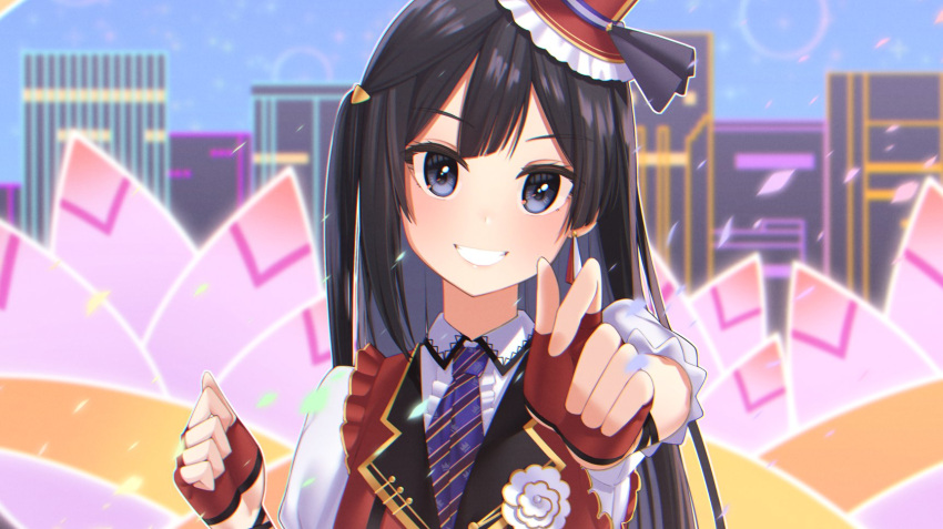 1girl, bangs, black_hair, chase!_(love_live!), commentary, earrings, fingerless_gloves, gloves