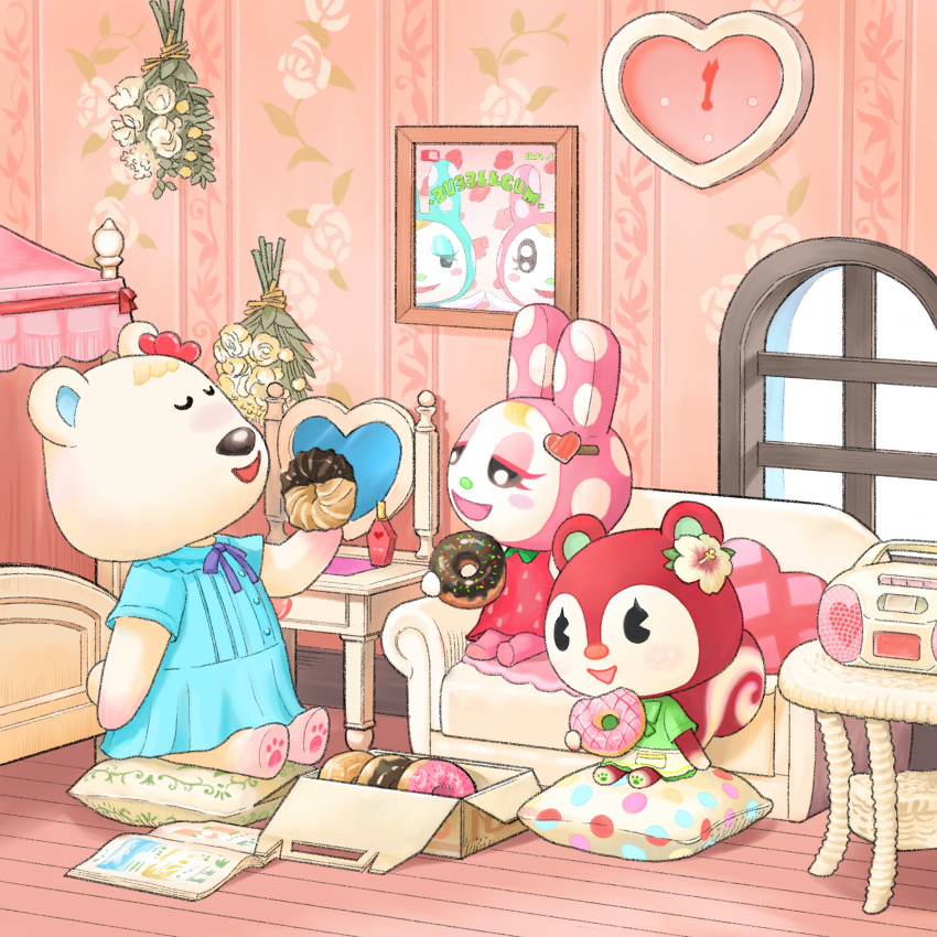 3girls, :d, absurdres, animal_crossing, apron, bear_girl, blue_dress, blush, book, bottle, bouquet, buttons, chair, chrissy_(animal_crossing), clock, closed_eyes, commentary_request, couch, cushion, doughnut, dress, ear_ornament, eyelashes, flower, food, francine_(animal_crossing), furry, furry_female, green_dress, heart, heart-shaped_clock, heart_pillow, highres, holding, holding_food, indoors, looking_at_another, multiple_girls, neck_ribbon, on_couch, open_book, open_mouth, perfume_bottle, picture_frame, pillow, poppy_(animal_crossing), purple_ribbon, rabbit_girl, radio, red_dress, ribbon, rose, senrotou, short_sleeves, smile, squirrel_girl, table, tutu_(animal_crossing), waist_apron, wall_clock, white_apron, white_flower, white_rose, window, wooden_floor