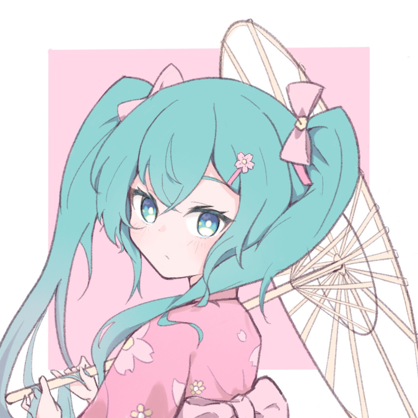 1girl, aqua_eyes, aqua_hair, bangs, blush, bow, floral_print, flower
