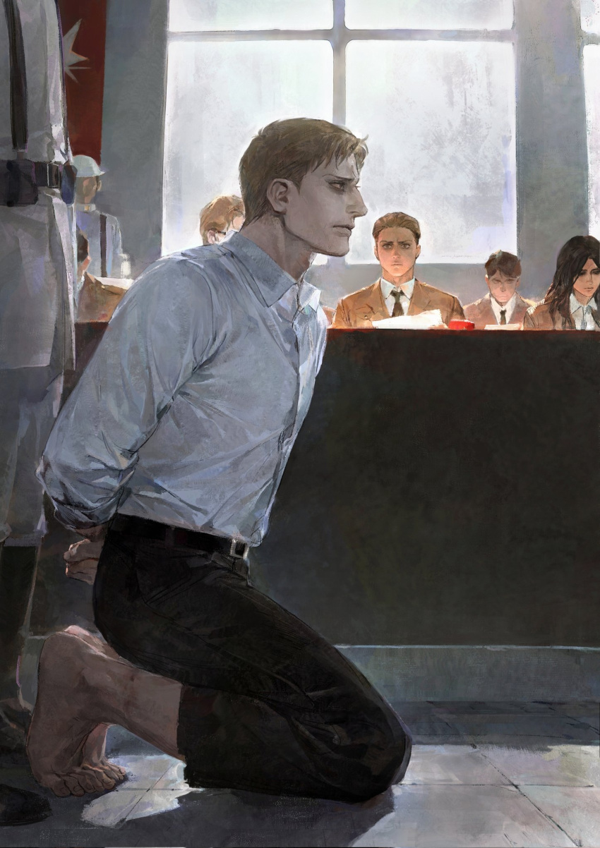 1girl, 2others, 4boys, alternate_costume, arms_behind_back, barefoot, belt, black_hair, blonde_hair, brown_hair, collared_shirt, courtroom, from_side, full_body, highres, kneeling, male_focus, maple12031, marley_military_uniform, multiple_boys, multiple_others, necktie, pieck_finger, porco_galliard, reiner_braun, shingeki_no_kyojin, shirt, short_hair