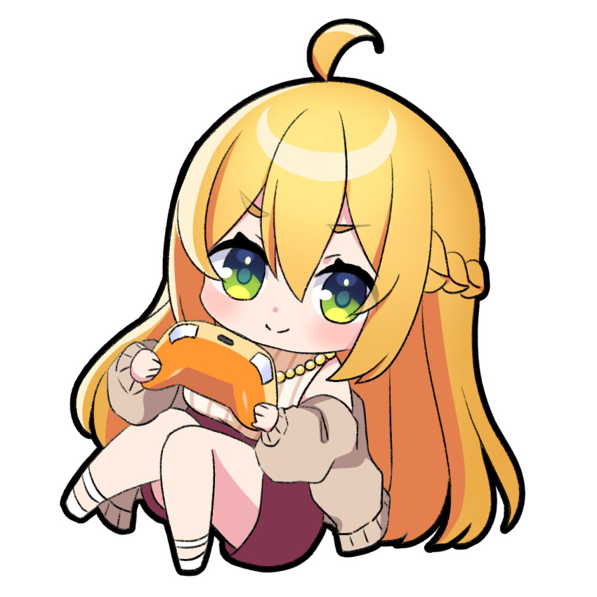 1girl, ahoge, asagi_shiki_(artist), bangs, blonde_hair, blush, braid, brown_cardigan