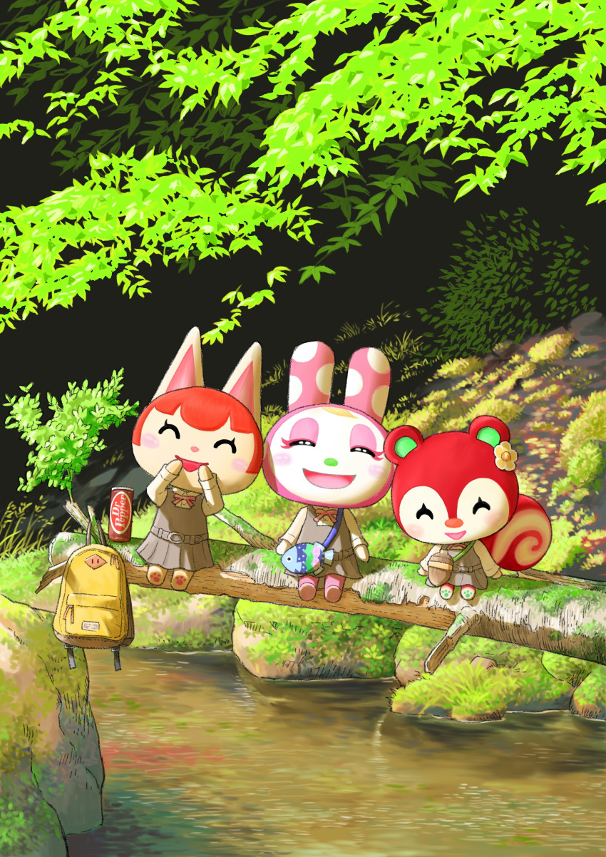 3girls, :d, ^_^, absurdres, acorn_bag, animal_bag, animal_crossing, backpack