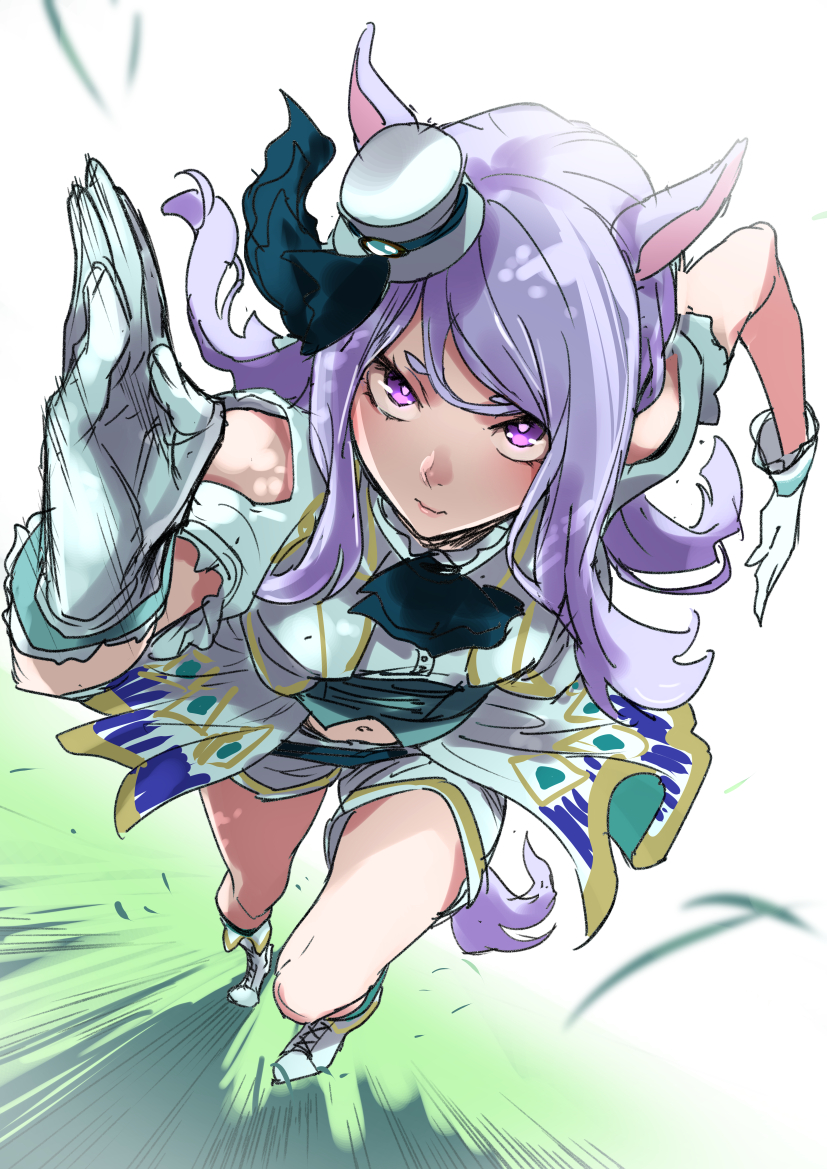 1girl, animal_ears, brand-new_friend_(umamusume), commentary, facing_viewer, gloves, hat, horse_ears, horse_girl, long_hair, looking_at_viewer, mejiro_mcqueen_(end_of_sky)_(umamusume), mejiro_mcqueen_(umamusume), mini_hat, mini_top_hat, navel, official_alternate_costume, purple_hair, running, saeki_shun, short_sleeves, shorts, solo, top_hat, umamusume, violet_eyes, white_gloves, white_headwear, white_shorts