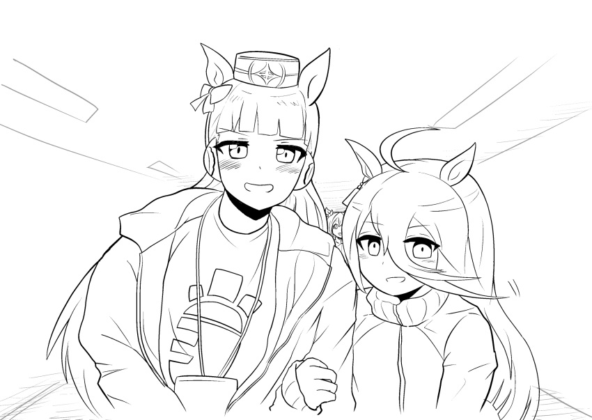 3girls, ahoge, animal_ears, bangs, blunt_bangs, blush, carrot_print, commentary_request, ear_bow, earrings, food_print, gold_ship_(umamusume), greyscale, hair_between_eyes, headgear, highres, holding_another's_arm, hood, hooded_jacket, horse_ears, horse_girl, jacket, jewelry, lanyard, long_bangs, long_hair, looking_at_viewer, manhattan_cafe_(umamusume), monochrome, morinokino1, motion_lines, multiple_girls, ogura_yui, pillbox_hat, real_life, single_earring, special_week_(umamusume), track_jacket, ueda_hitomi, umamusume, upper_body, voice_actor_connection, waki_azumi