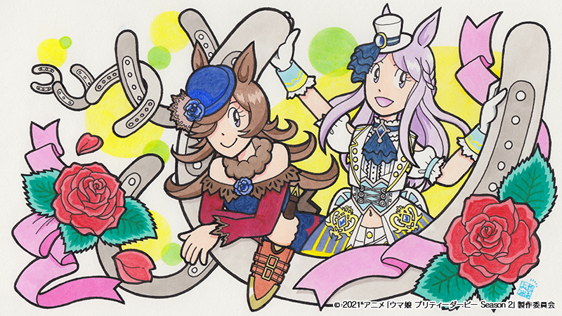 2021, 2girls, :d, animal_ears, ascot, blue_ascot, blue_dress, blue_flower, blue_headwear, blue_rose, brown_hair, copyright, dagger, dress, flower, fur_collar, gloves, grey_eyes, hair_over_one_eye, hat, hat_flower, horse_ears, horse_girl, horseshoe_ornament, knife, long_hair, looking_at_viewer, mejiro_mcqueen_(end_of_sky)_(umamusume), mejiro_mcqueen_(umamusume), mini_hat, mini_top_hat, multiple_girls, off-shoulder_dress, off_shoulder, official_alternate_costume, official_art, purple_hair, red_flower, red_rose, rice_shower_(umamusume), rose, scabbard, sheath, sheathed, short_dress, short_sleeves, smile, tilted_headwear, top_hat, umamusume, violet_eyes, weapon, white_gloves, white_headwear, yoshida_miho