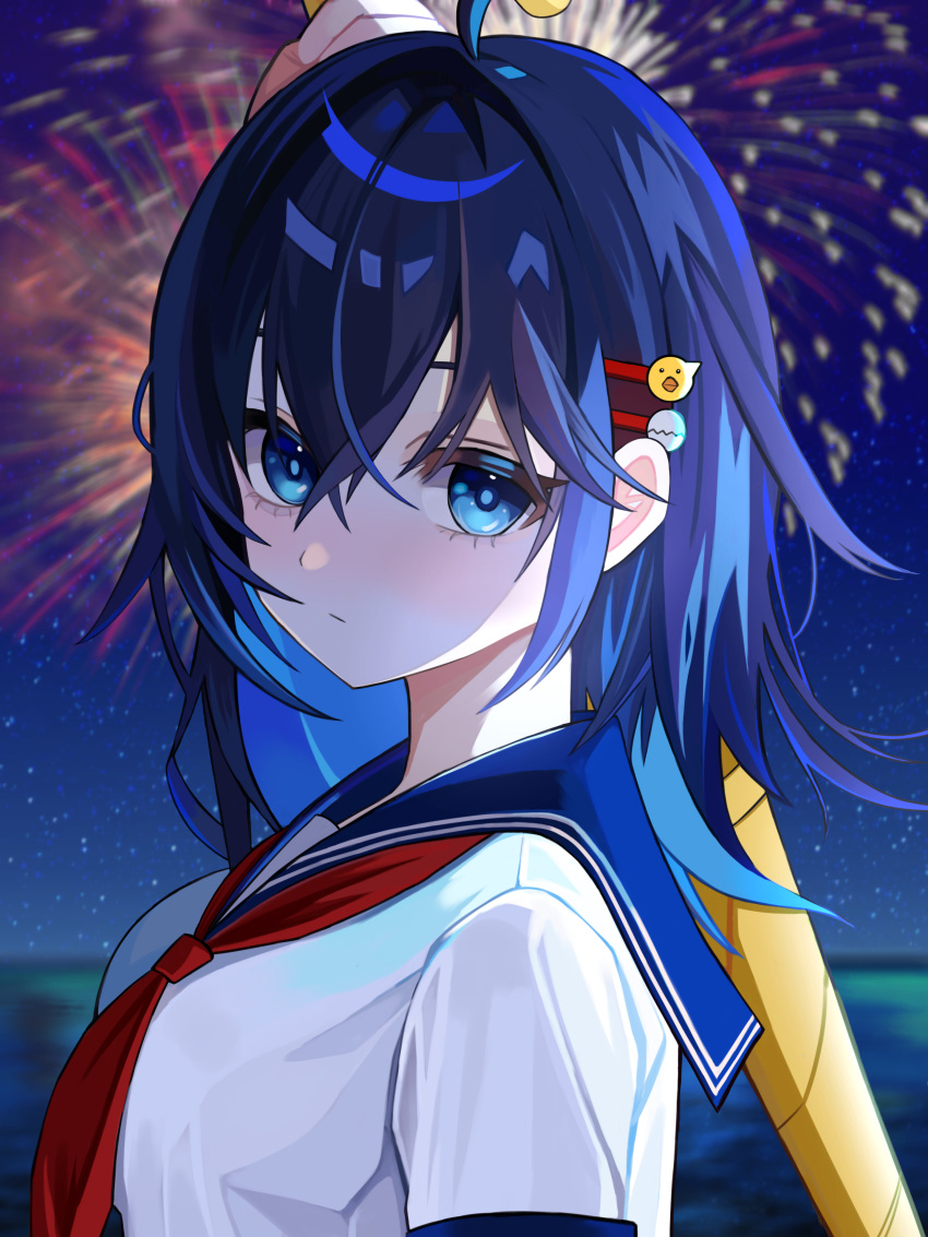 1girl, :/, absurdres, aerial_fireworks, ahoge, bangs, blue_eyes, blue_hair