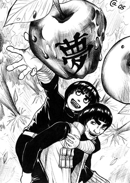 2guys, apple, autumn_sacura, black_hair, gai, monochrome, naruto, o_o