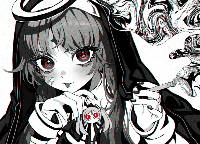 1girl, bandaged_arm, bandages, bandaid, bandaid_on_face, blush, cigarette, doushite-chan