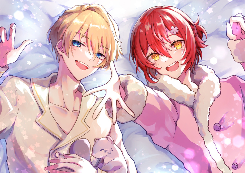 0_sakana_san, 2boys, :d, absurdres, animal_hug, beckoning, blonde_hair, blue_eyes