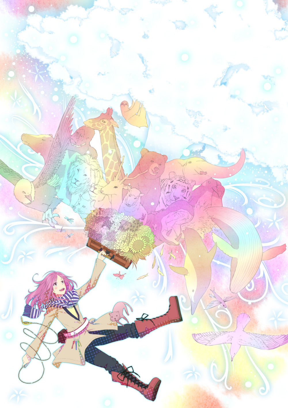 1girl, bear, bird, black_pants, blush, boots, briefcase, bug