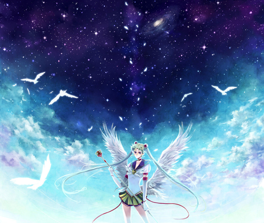 bad_proportions, bird, bishoujo_senshi_sailor_moon, blonde_hair, blue_eyes, choker, cloud, double_bun