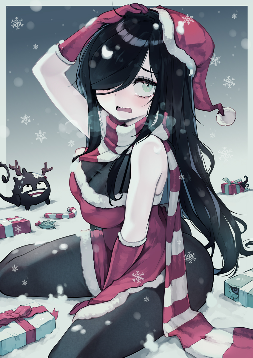 1girl, aria_wintermint, black_hair, black_pantyhose, box, candy, candy_cane, christmas
