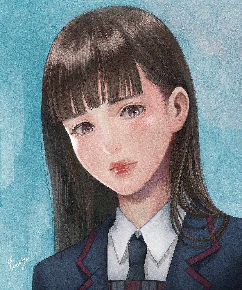1girl, bangs, black_necktie, blue_background, blue_jacket, blunt_bangs, brown_eyes, brown_hair, eyelashes, jacket, long_hair, necktie, realistic, shirt, signature, solo, the_umbrella_academy, vanya_hargreeves, white_shirt, wooga