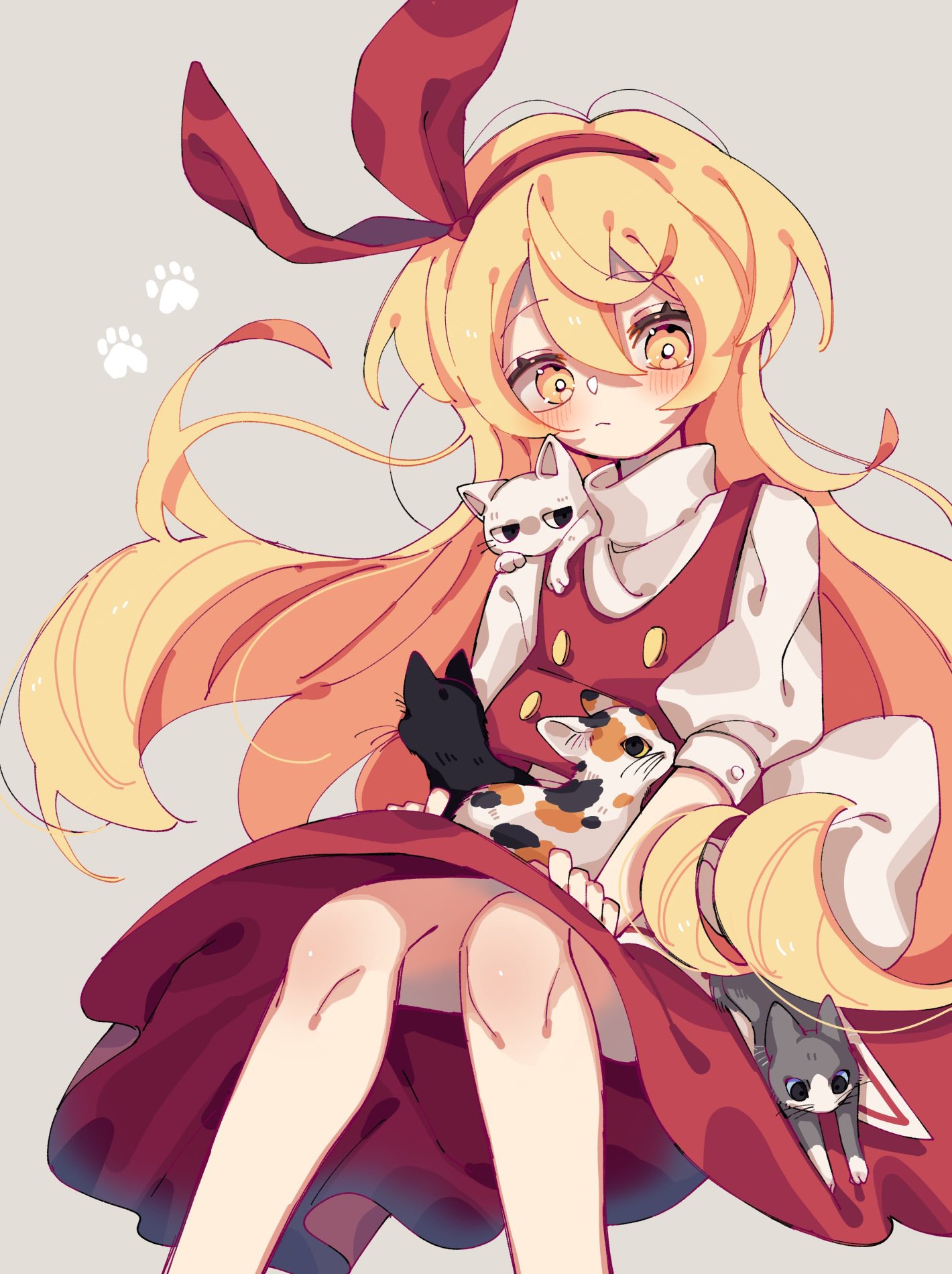 1girl, bangs, blonde_hair, closed_mouth, ellen_(touhou), feet_out_of_frame, grey_background, hair_between_eyes, hairband, highres, long_hair, puffy_short_sleeves, puffy_sleeves, red_hairband, red_skirt, red_vest, roamu_65, shirt, short_sleeves, simple_background, skirt, sokrates_(touhou), solo, touhou, touhou_(pc-98), vest, white_shirt, yellow_eyes