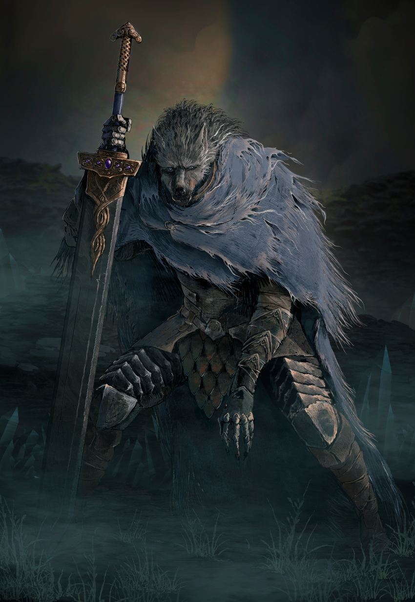 1boy, absurdres, armor, blaidd_the_half-wolf, blue_cape, blue_eyes, brooch, cape