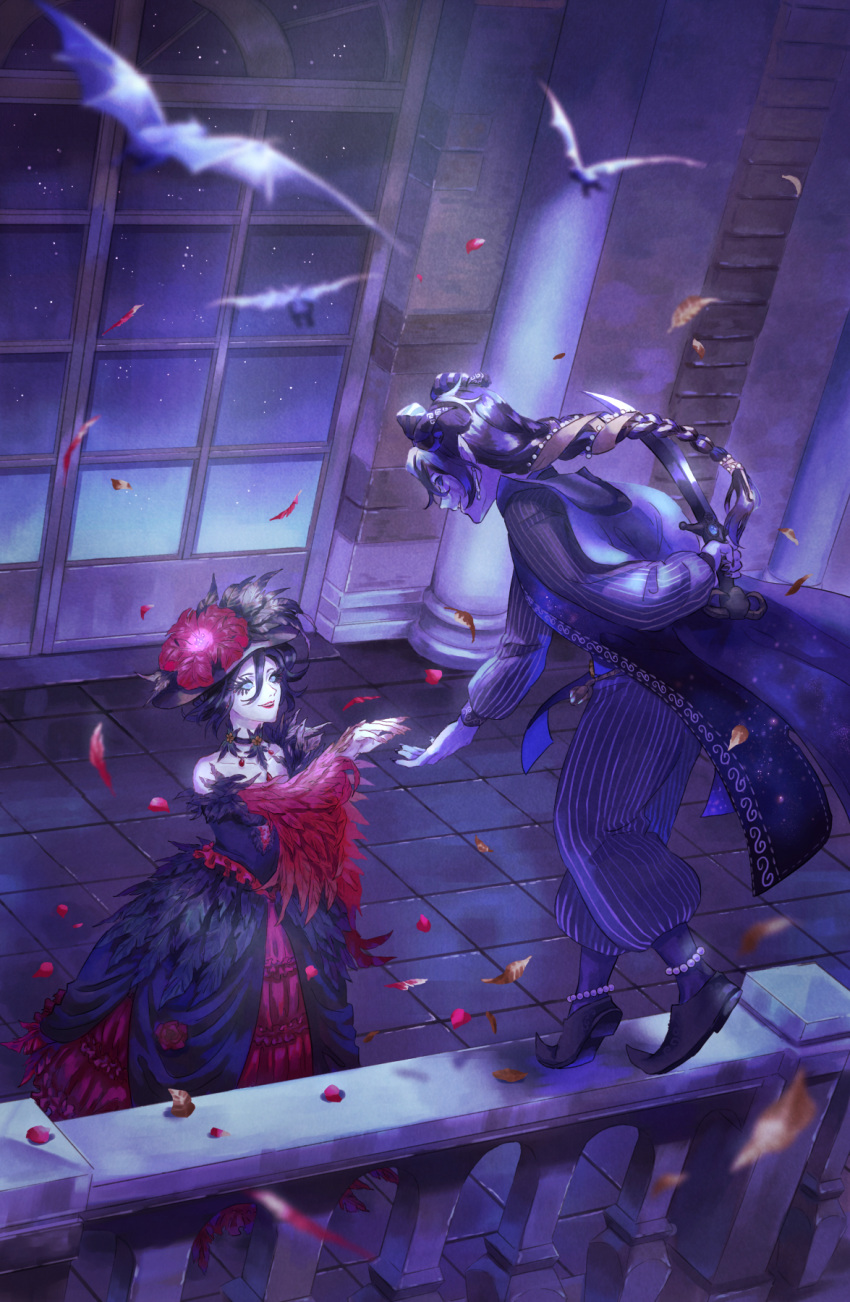 1boy, 1girl, arm_behind_back, asa_tuki_893, autumn_leaves, balcony, bat_(animal), beckoning